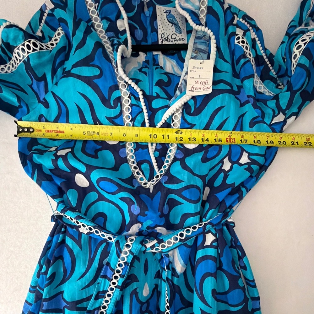 Lesley Evers Blue Paisley Cotton Midi Dress Eyelet Trim Pockets Large - Picture 11 of 14